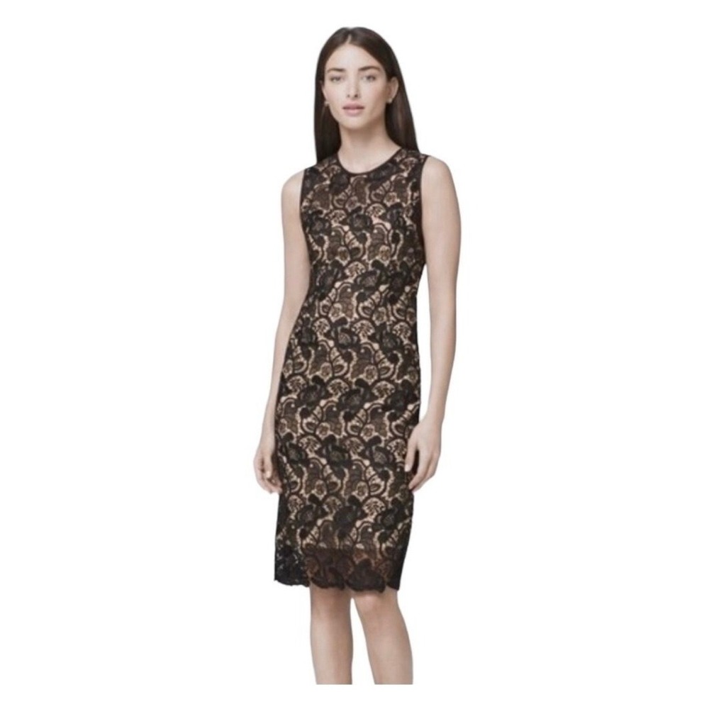 White House Black Market Illusion-Neck Black Lace Sheath Knee Length Dress Sz 8